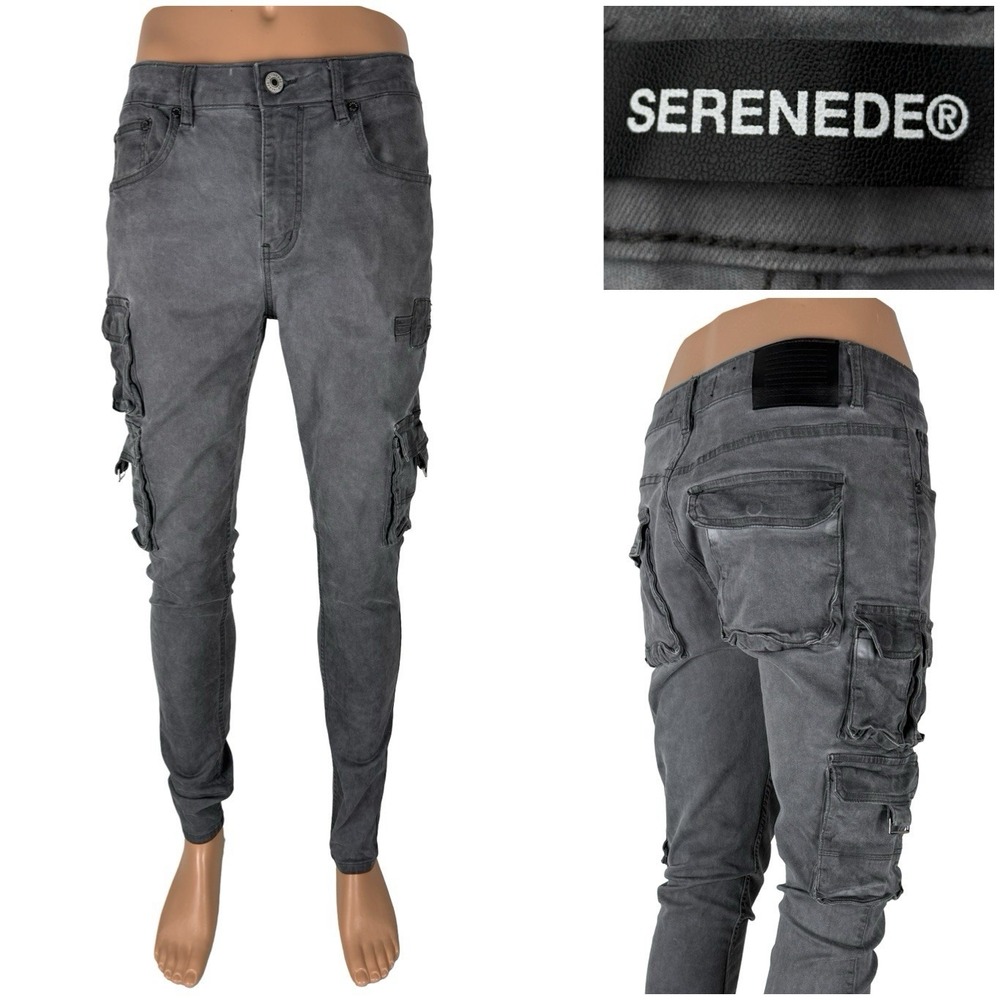 Serenede Mens 32 Jeans Gray Fitted Denim Cargo Pocket Skinny Faded Look